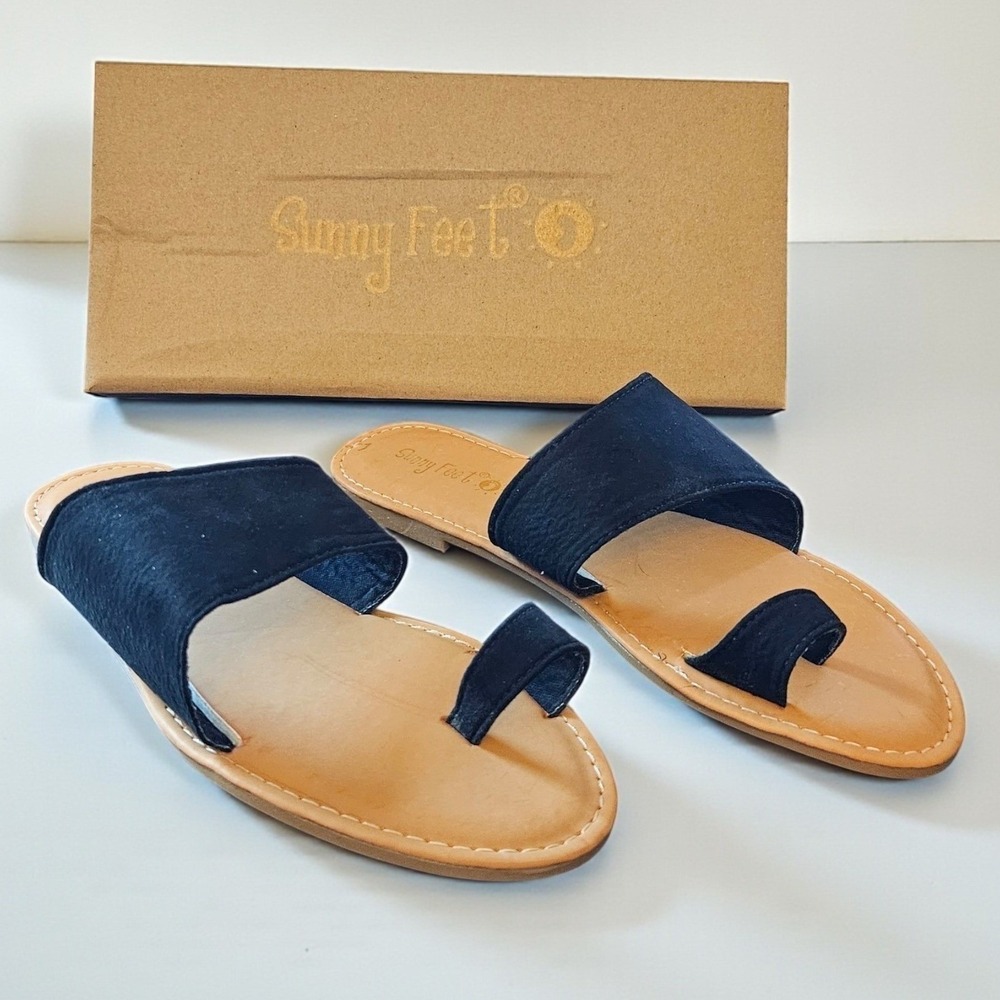 Sunny Feet Shoreline Womens Black Faux Suede Toe Loop Flat Slide Sandals SZ‎ 6.5